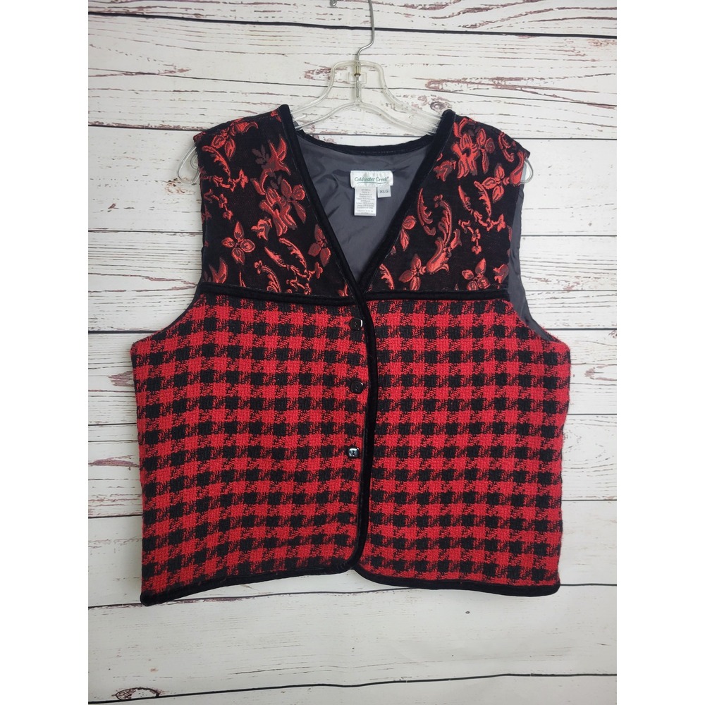 Coldwater Creek Vest Floral Brocade Plaid Vintage Farmhouse Red Black XL